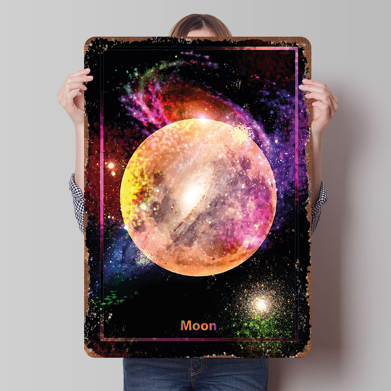 Retro Gaming Space - Poster Logam Bulan Berwarna-warni di Luar